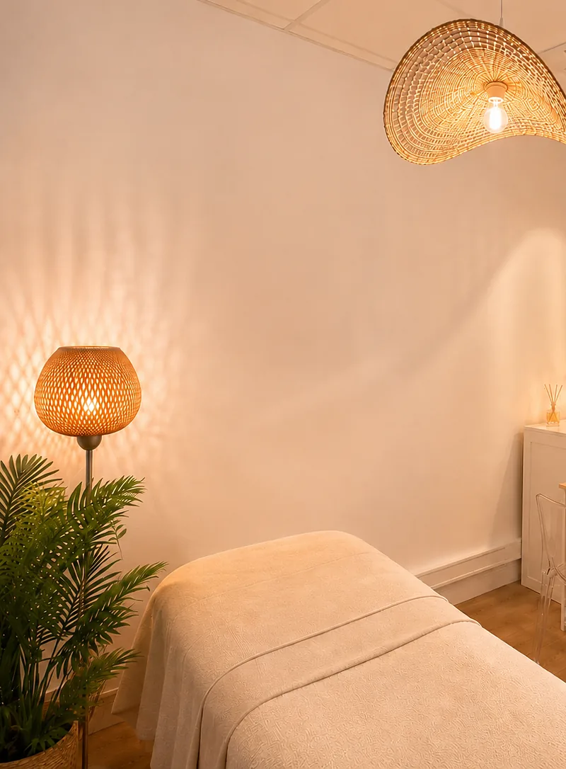 Cabinet YALUNA à l’Espace LM Harmonie, lumière douce d’une lampe en rotin près de la table de soin
