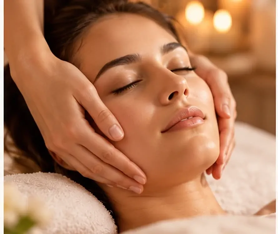 Massage visage Kobido, mains posées sur les joues d'une femme apaisée